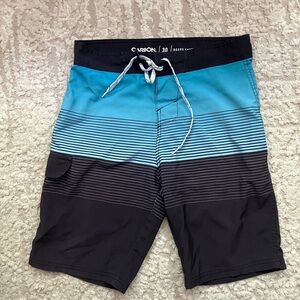Carbon Board Shorts Mens Size 30 Waist Black Blue Striped Beach Swim Surf Trunks